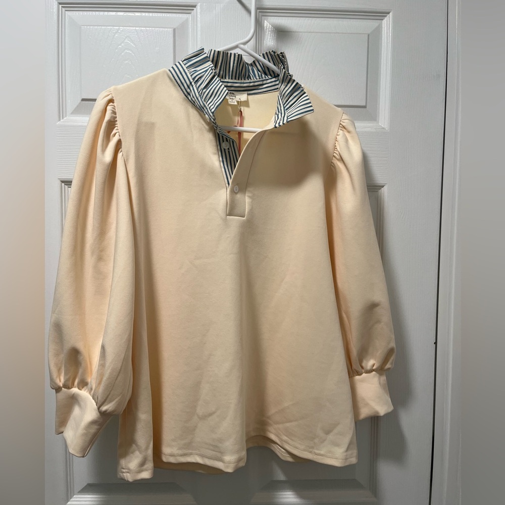 entro Cream Puff Sleeve Blouse with Striped Collar